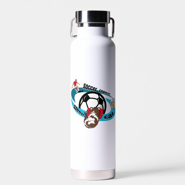 Eat, sleep, soccer, repeat.  cartoon soccer water bottle (Front)