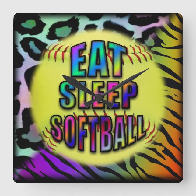 Eat Sleep Softball Wild Animal Print Square Wall Clock (Front)