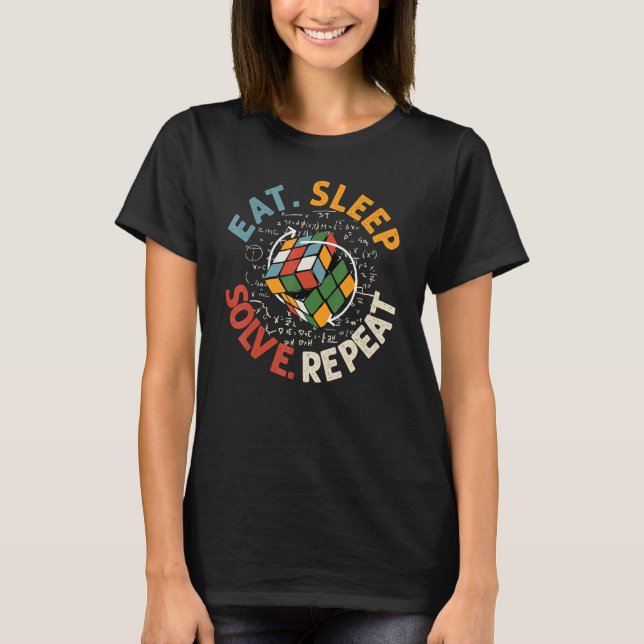 Eat Sleep Solve Repeat Math Speed Cubing Genie Cub T-Shirt (Front)