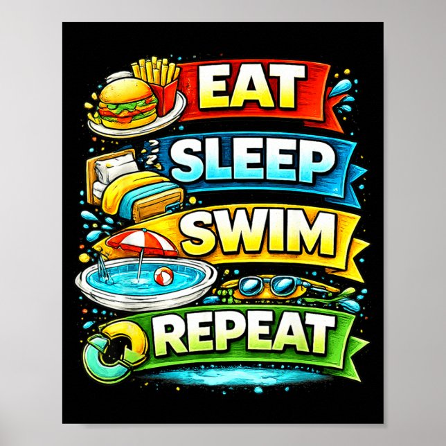 Eat sleep swim repeat funny summer vacation pool poster (Front)