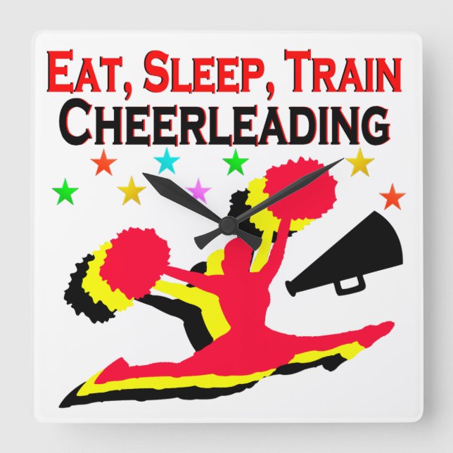 EAT, SLEEP TRAIN CHEERLEADING RED DESIGN SQUARE WALL CLOCK (Front)