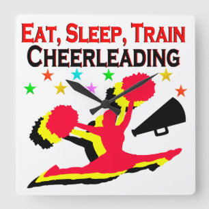 EAT, SLEEP TRAIN CHEERLEADING RED DESIGN SQUARE WALL CLOCK