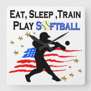EAT, SLEEP, TRAIN PLAY SOFTBALL PATRIOTIC DESIGN SQUARE WALL CLOCK