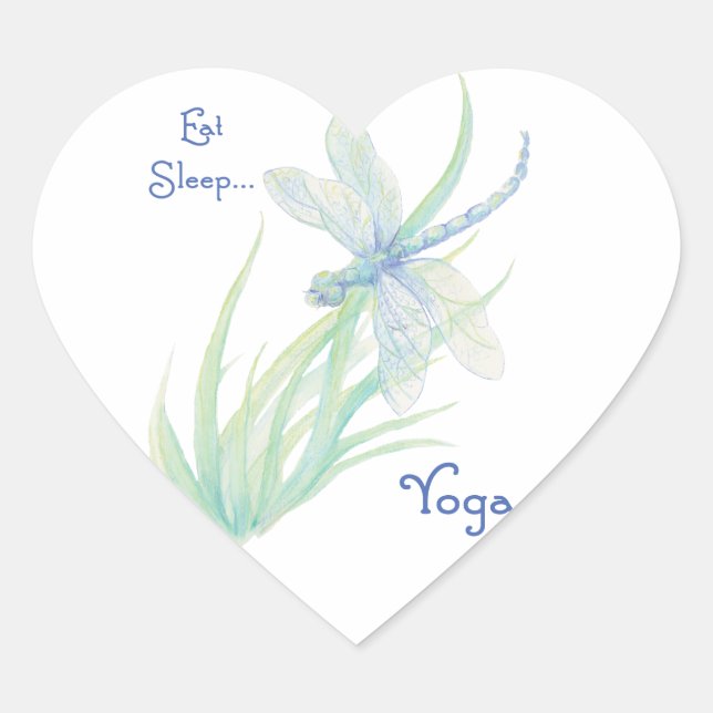 Eat Sleep Yoga, Fun Saying Watercolor Dragonfly Heart Sticker (Front)