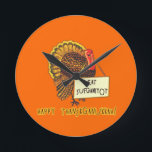 Eat Sufganiyot Funny Thanksgiving Hanukkah Tee Round Clock<br><div class="desc">Because Hanukkah falls on Thanksgiving in 2013, we created this clever tshirt featuring a Thanksgiving turkey holding a sign that says EAT SUFGANIYOT. (Sufganiyot are jelly doughnuts, symbolic of the Hanukkah miracle of the burning oil lamps in the ancient Holy Temple in Jerusalem.) In tons of styles, sizes and colours...</div>