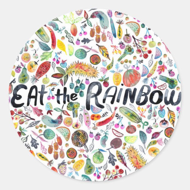 EAT THE RAINBOW colourful fruits veggies watercolo Classic Round Sticker (Front)