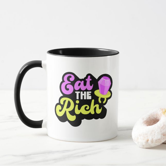 Eat The Rich 90's Diamond Ring Pop Funny Political Mug (With Donut)