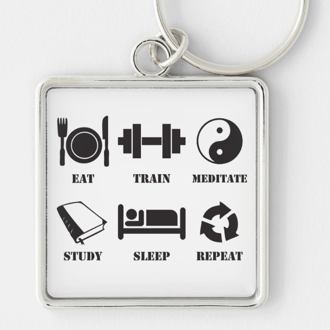 Eat, Train, Mediate, Study, Sleep, Repeat Key Ring (Front)