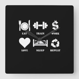 Eat Train Work Love Sleep Repeat Motivational Gym Square Wall Clock