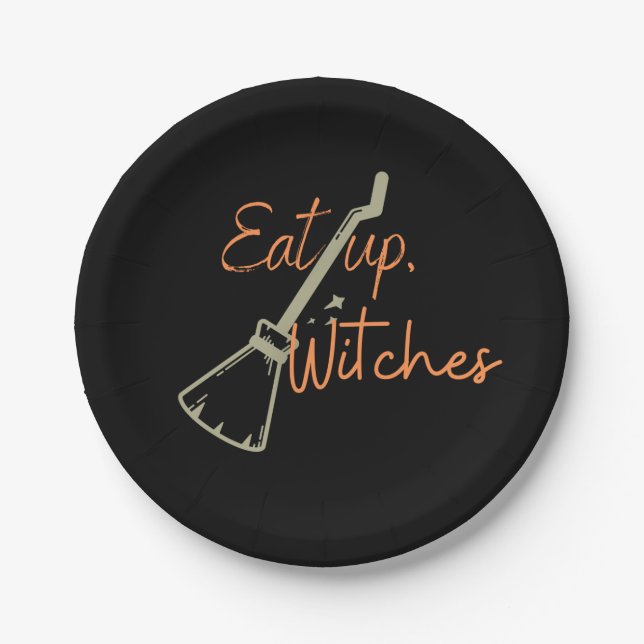 Eat Up Witches Broomstick Black Halloween Party Paper Plate (Front)