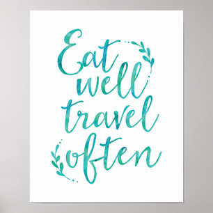 Eat well travel often typography blue quote poster