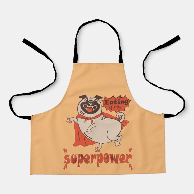 Eating is my superpower red cloak pug comic style  apron (Front)
