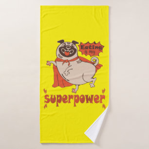 Eating is my superpower red cloak pug comic style  bath towel