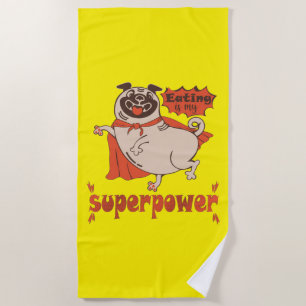 Eating is my superpower red cloak pug comic style beach towel