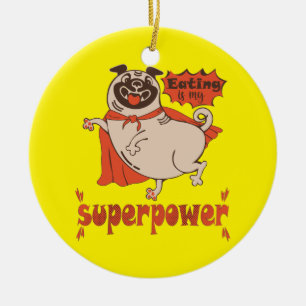 Eating is my superpower red cloak pug comic style ceramic tree decoration