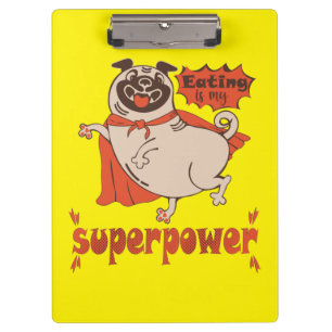 Eating is my superpower red cloak pug comic style clipboard