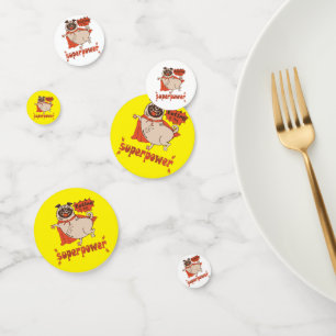 Eating is my superpower red cloak pug comic style confetti