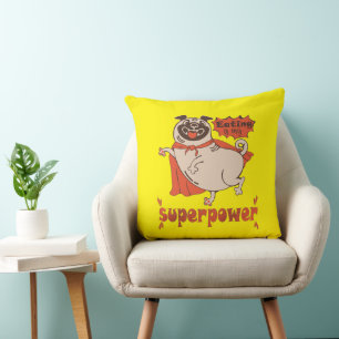 Eating is my superpower red cloak pug comic style cushion