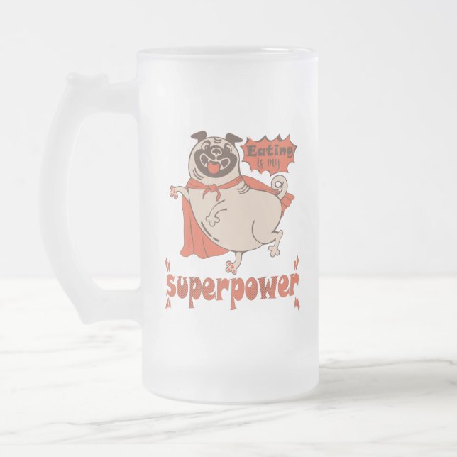 Eating is my superpower red cloak pug comic style  frosted glass beer mug (Left)
