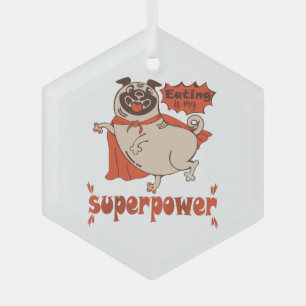 Eating is my superpower red cloak pug comic style  glass tree decoration