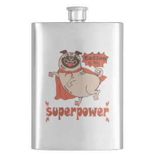 Eating is my superpower red cloak pug comic style hip flask