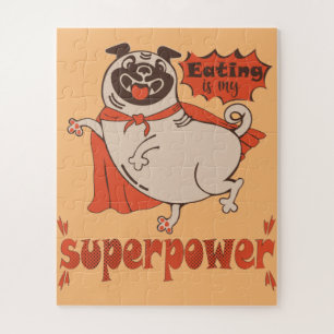Eating is my superpower red cloak pug comic style jigsaw puzzle
