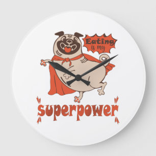 Eating is my superpower red cloak pug comic style large clock