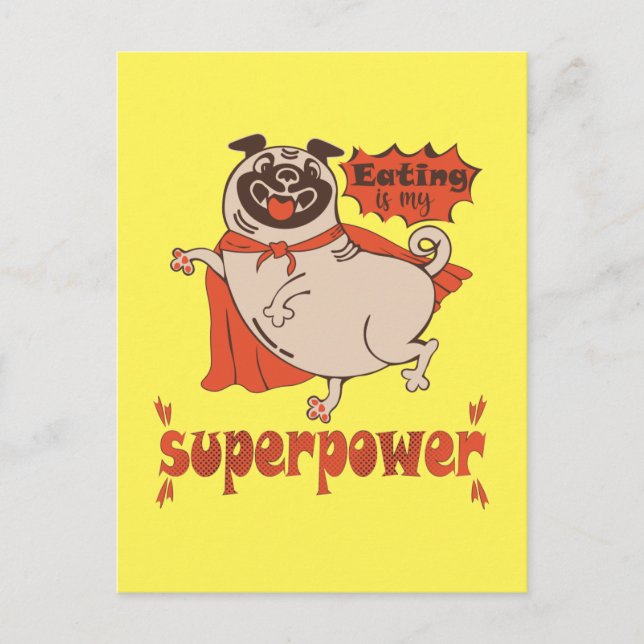 Eating is my superpower red cloak pug comic style  postcard (Front)