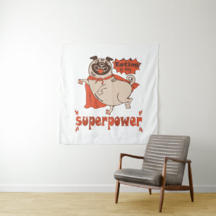Eating is my superpower red cloak pug comic style tapestry