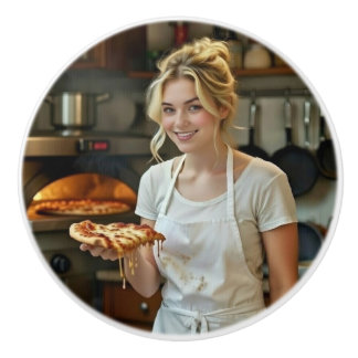 Eating Pizza Photo Personalize Customize Ceramic Knob