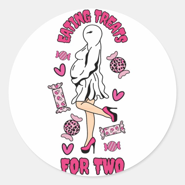  "Eating Treats for Two" Pregnant Halloween Ghost  Classic Round Sticker (Front)