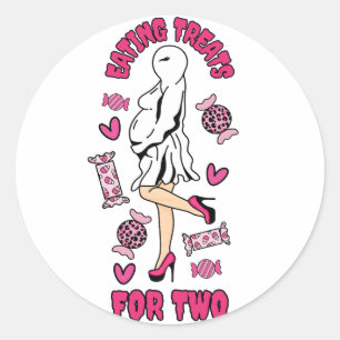 "Eating Treats for Two" Pregnant Halloween Ghost  Classic Round Sticker