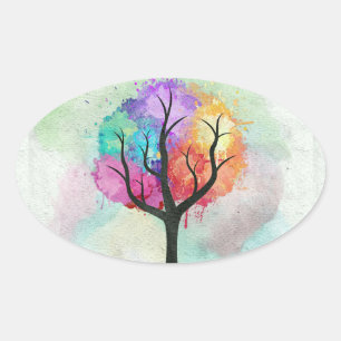eautiful Tree Pastel Colors Abstract Oil Painting Oval Sticker