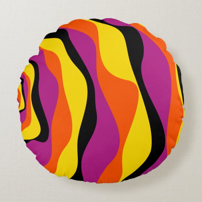 Ebb and Flow 4 - Black, Pink, Orange and Yellow Round Cushion (Front)