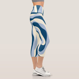 Ebb and Flow 4 - Dark Blue, Light Blue and Cream Capri Leggings