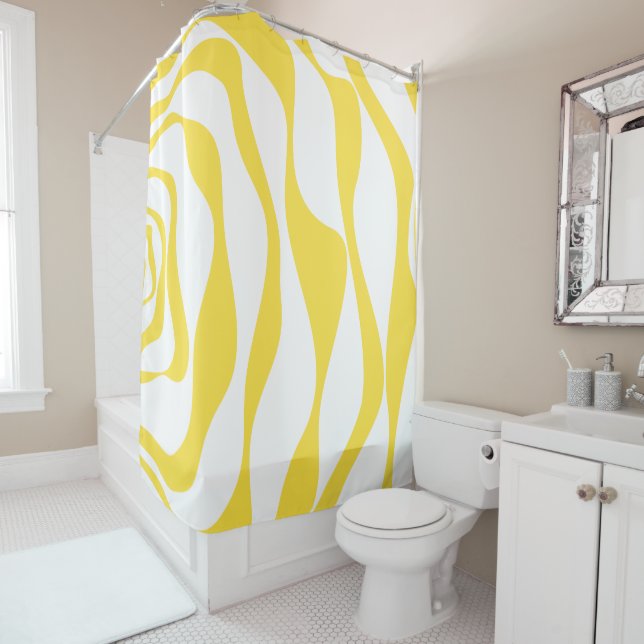 Ebb and Flow 4 in Lemon Yellow and White Shower Curtain (In Situ)