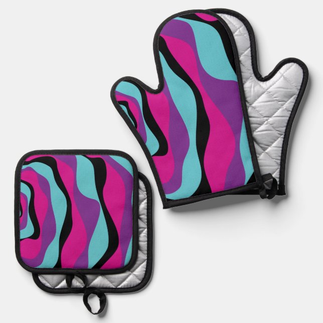 Ebb and Flow 4 - Pink, Purple, Blue and Black Oven Mitt & Pot Holder Set (Front/Back)