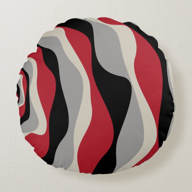 Ebb and Flow 4 - Red, Grey, Black and Bone White Round Cushion (Front)