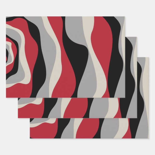 Ebb and Flow 4 - Red, Grey, Black and Bone White Wrapping Paper Sheet (Set)