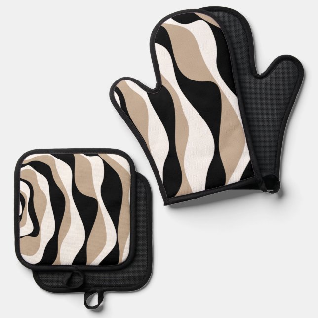 Ebb and Flow 4 - Taupe, Black and White  Oven Mitt & Pot Holder Set (Front/Back)