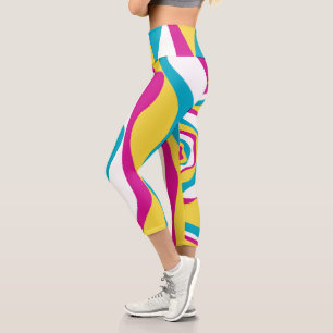 Ebb and Flow 4 - Turquoise, Yellow, Pink and White Capri Leggings