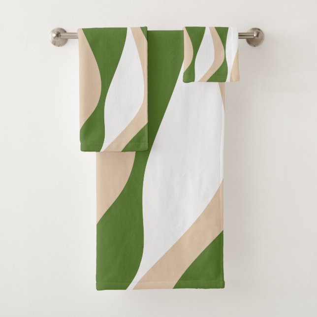Ebb and Flow 4 - White, Sand and Palm Green Bath Towel Set (Insitu)