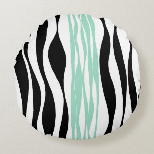 Ebb and Flow - Mint Green, White and Black Round Cushion