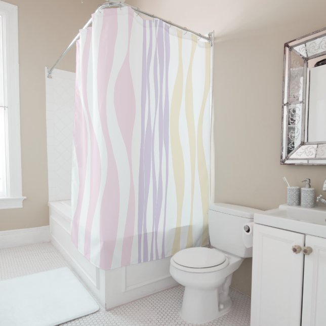 Ebb and Flow - Pastel Pink, Yellow and Purple Shower Curtain (In Situ)