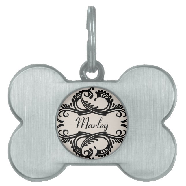 Ebony Chic Damask Pet Tag (Front)