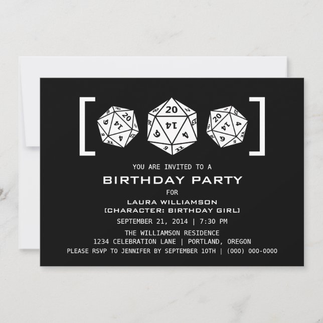 Ebony D20 Dice Gamer Birthday Party Invite (Front)