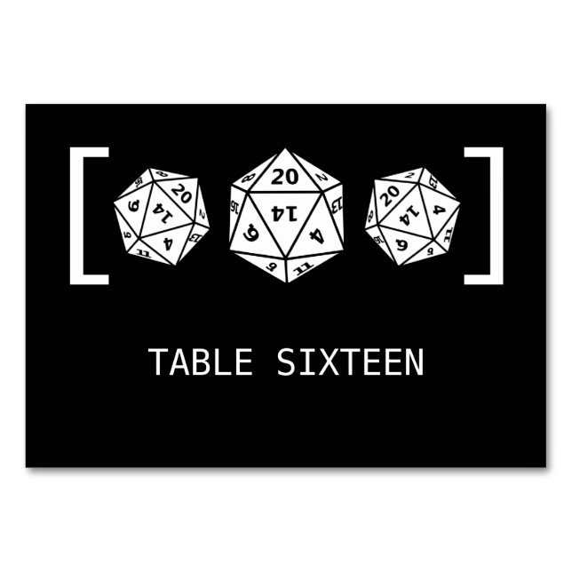 Ebony D20 Dice Gamer Wedding Table Card (Front)