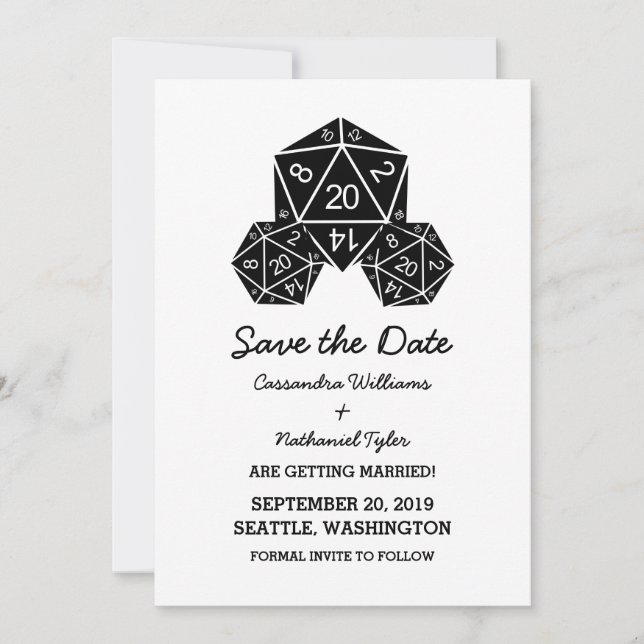 Ebony D20 Dice Save the Date Invite (Front)