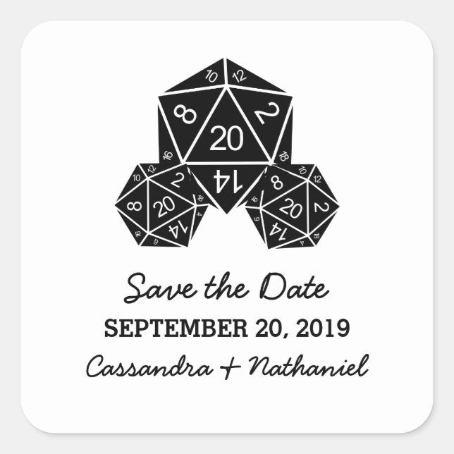 Ebony D20 Dice Save the Date Stickers (Front)