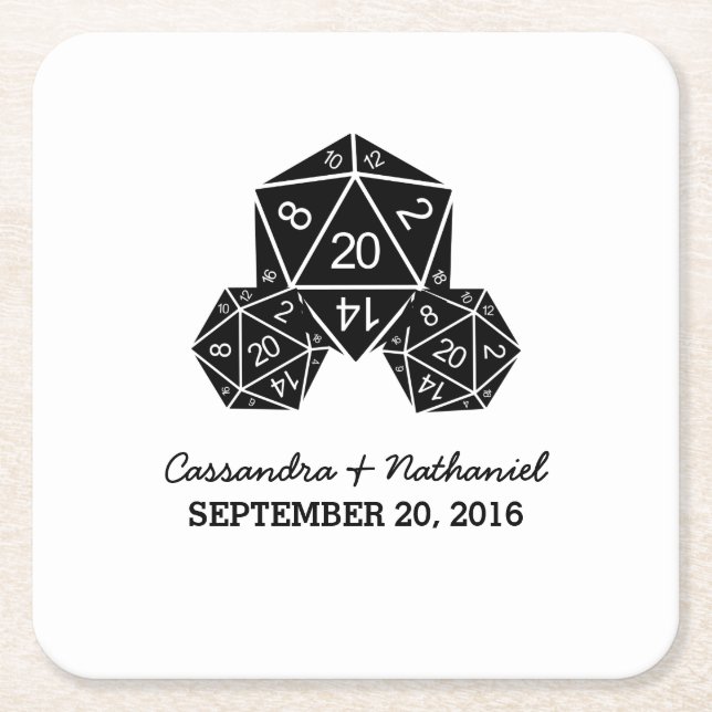 Ebony D20 Dice Wedding Paper Coasters (Front)
